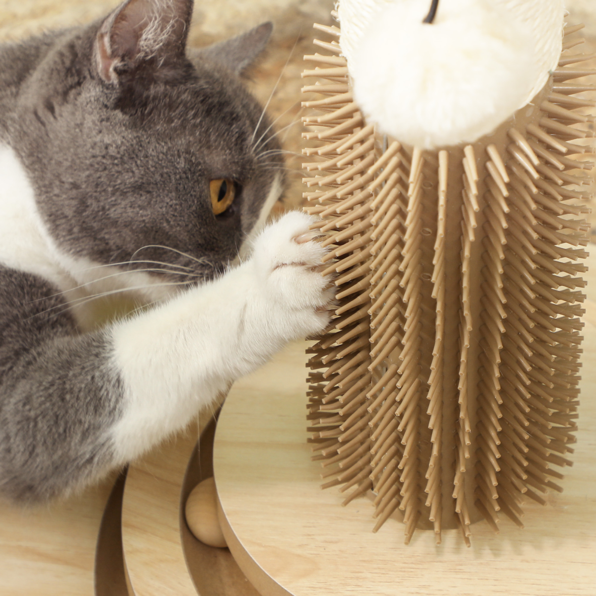 PawHut 49cm 5-in-1 Cat Scratching Post with Interactive Track Ball Turntable – Indoor Cat Tower, Oak & Cream White