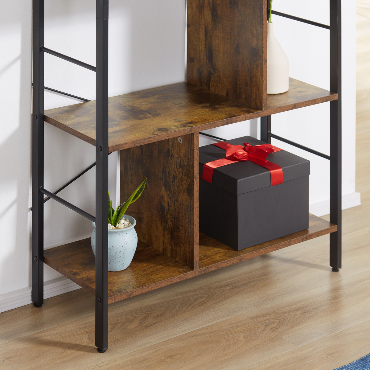 Industrial 5-Tier Storage Shelf Bookcase with Metal Frame – Floor Standing Display Rack, Brown and Black
