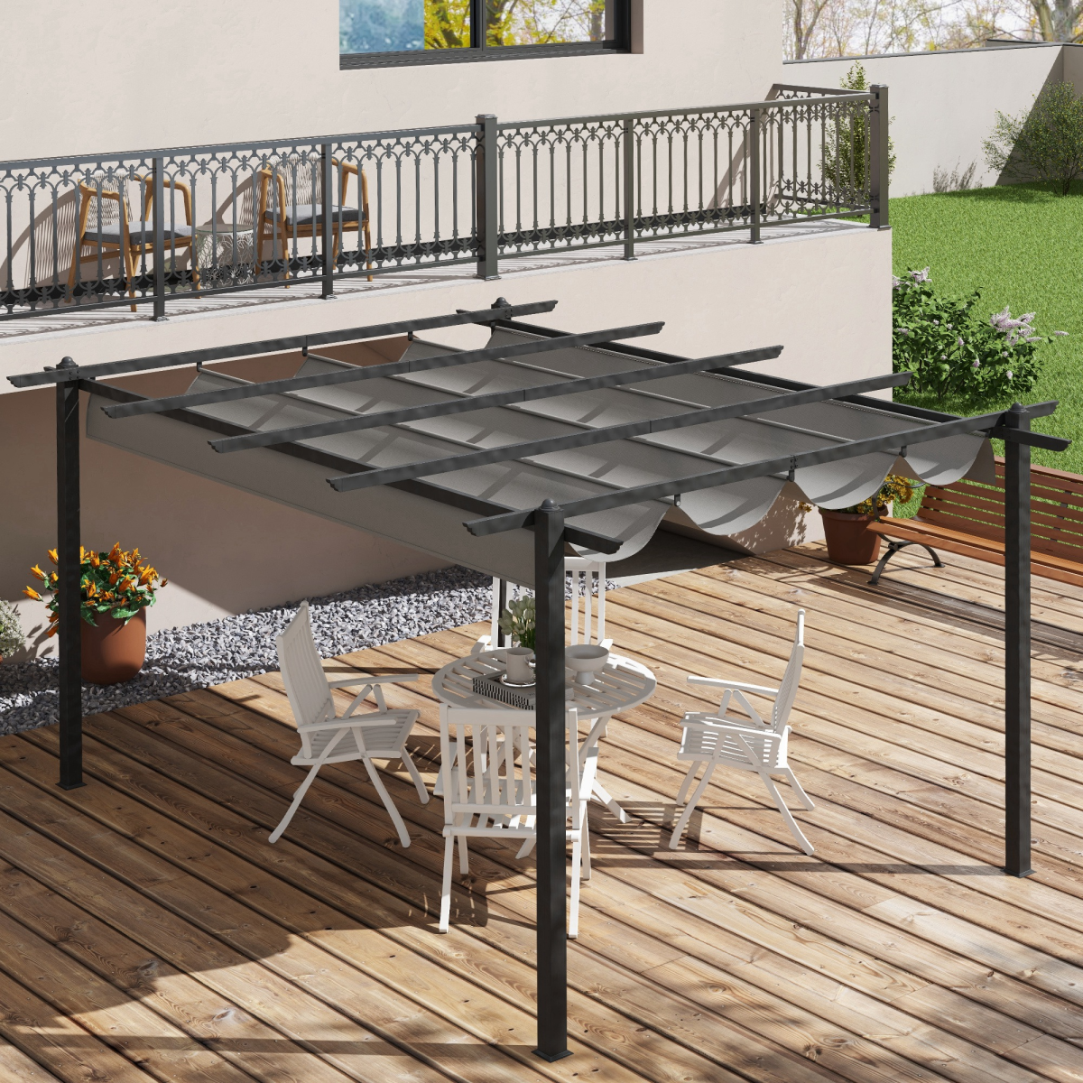 Outsunny 4x3m Aluminium Pergola Gazebo with Retractable Roof – Rust-Resistant Garden Shelter, Grey