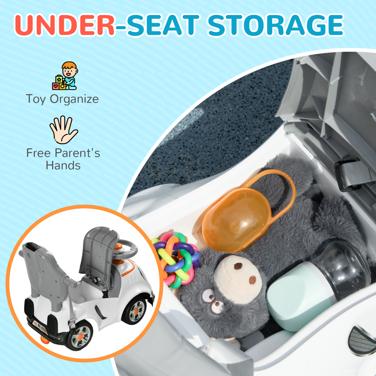 AIYAPLAY 3 in 1 Ride-On Push Car with Parent Handle & Canopy – Robot Foot to Floor Slider, 12-36 Months, White