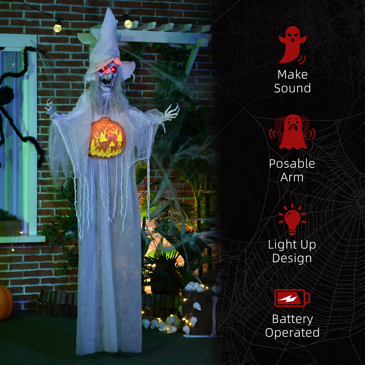 HOMCOM Life Size Witch Prop with Motion and Sound Activation, Light-Up Eyes – Halloween Decoration, White