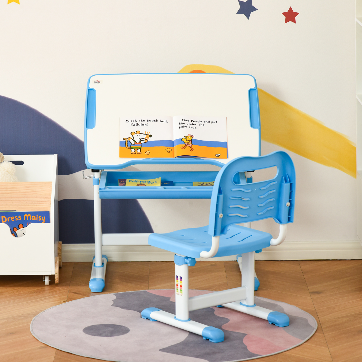 Kids Desk and Chair Set with Adjustable Height, Tiltable Top, Drawer, Pen Slots and Hook – Ages 6–12