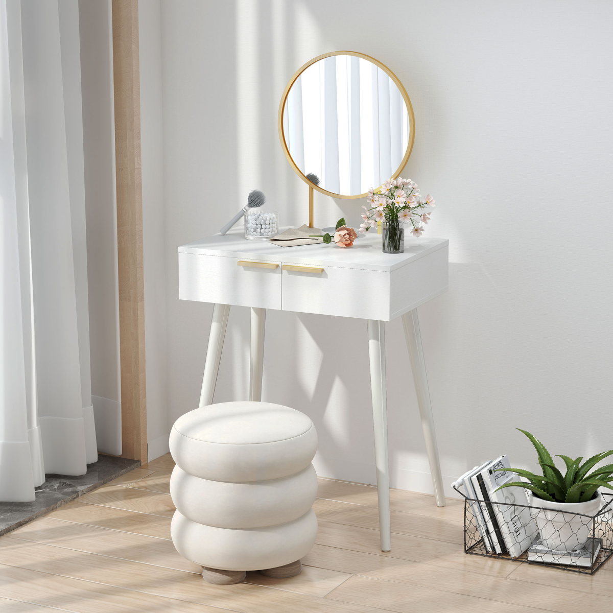 HOMCOM Modern Dressing Table with 2 Drawers & Round Mirror – Bedroom Vanity Table, White