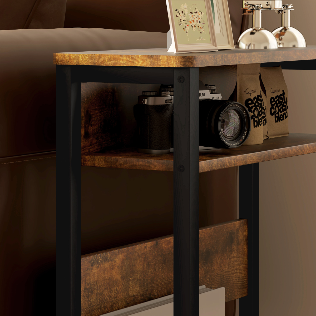 HOMCOM Narrow Industrial Side Table with Storage Shelves – Bedside or End Table, Rustic Brown