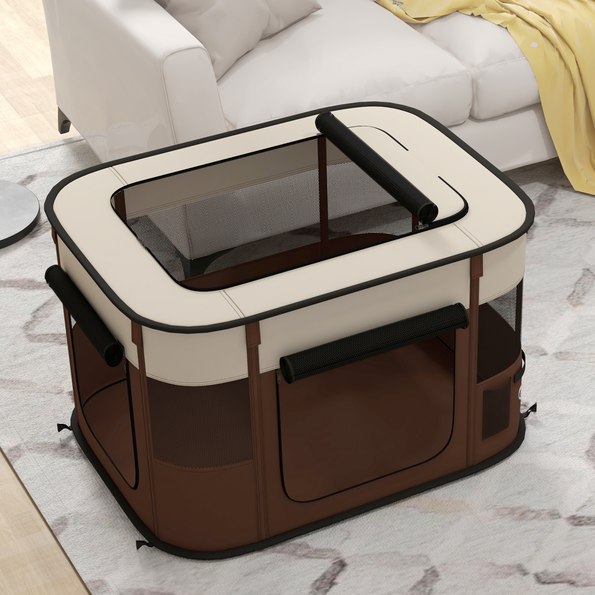 PawHut Portable Foldable Pet Playpen with Mesh Windows & Storage Bag – Dog, Rabbit & Kitten Run, Brown, 84cm