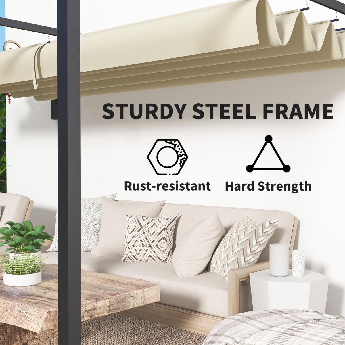 Outsunny 3x4m Wall-Mounted Pergola with Retractable Roof Canopy, UV-Resistant Polyester – Garden Shade, Khaki
