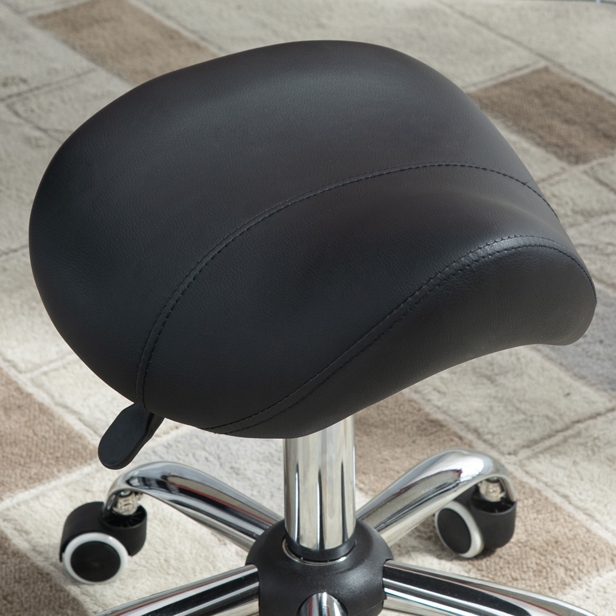 PU Leather Saddle Stool with Padded Seat & 5 Wheels – Adjustable Height Salon Stool, Black