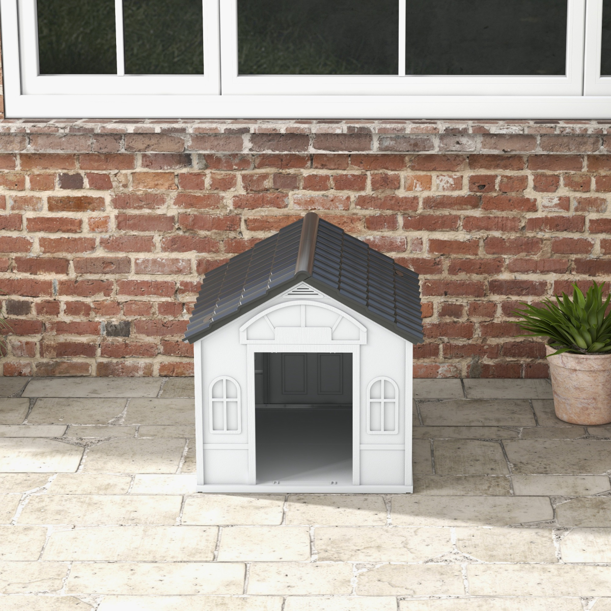 PawHut Weather-Resistant Dog House with Cottage Windows – Puppy Shelter for Medium Dogs up to 20kg, Grey