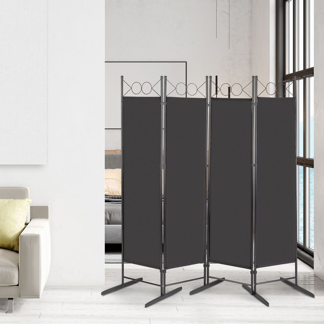 4-Panel Folding Room Divider Screen, 164 x 175cm – Black Carbon Steel Frame with Polyester Fabric