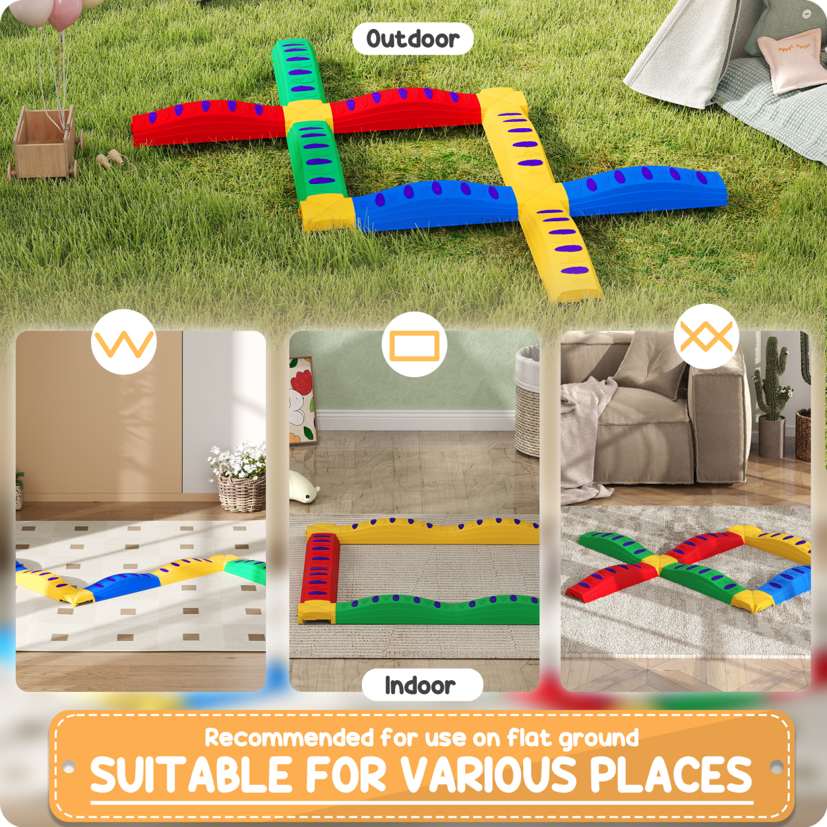 AIYAPLAY 12 Piece Kids Balance Beam Stepping Stones Set with Non-Slip Foot Pads – Indoor Outdoor, Multicoloured