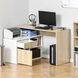 HOMCOM L-Shaped Corner Computer Desk with Cabinet, Drawer and Two Shelves – Home Office, Oak and White