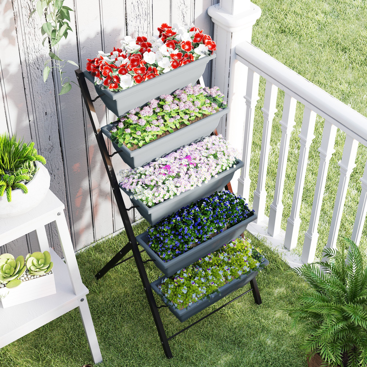 Outsunny 5-Tier Ladder Planter with 5 Removable Boxes – Raised Garden Bed for Balcony & Patio, Grey
