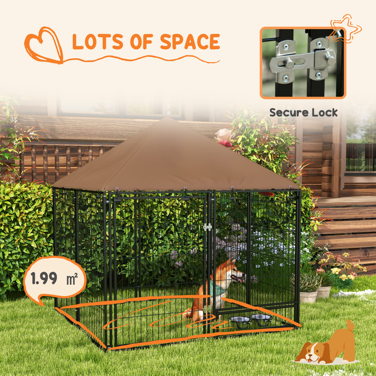 PawHut Outdoor Dog House Kennel with Canopy Top & Secure Lock, Rotating Bowl Holder – Black and Brown