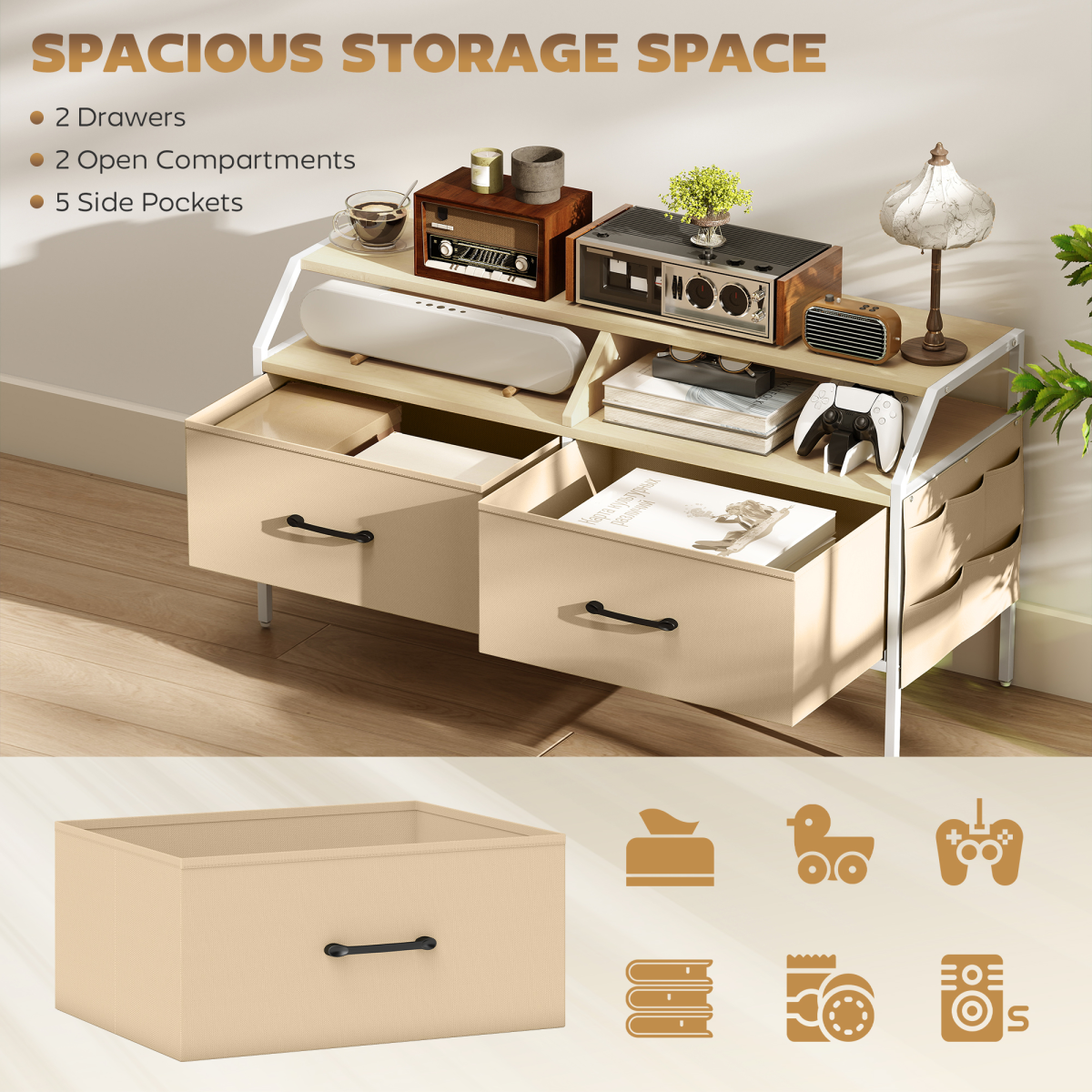 Industrial TV Stand with 2 Fabric Drawers & Side Pockets for TVs up to 55 in – Entertainment Storage, Natural Wood