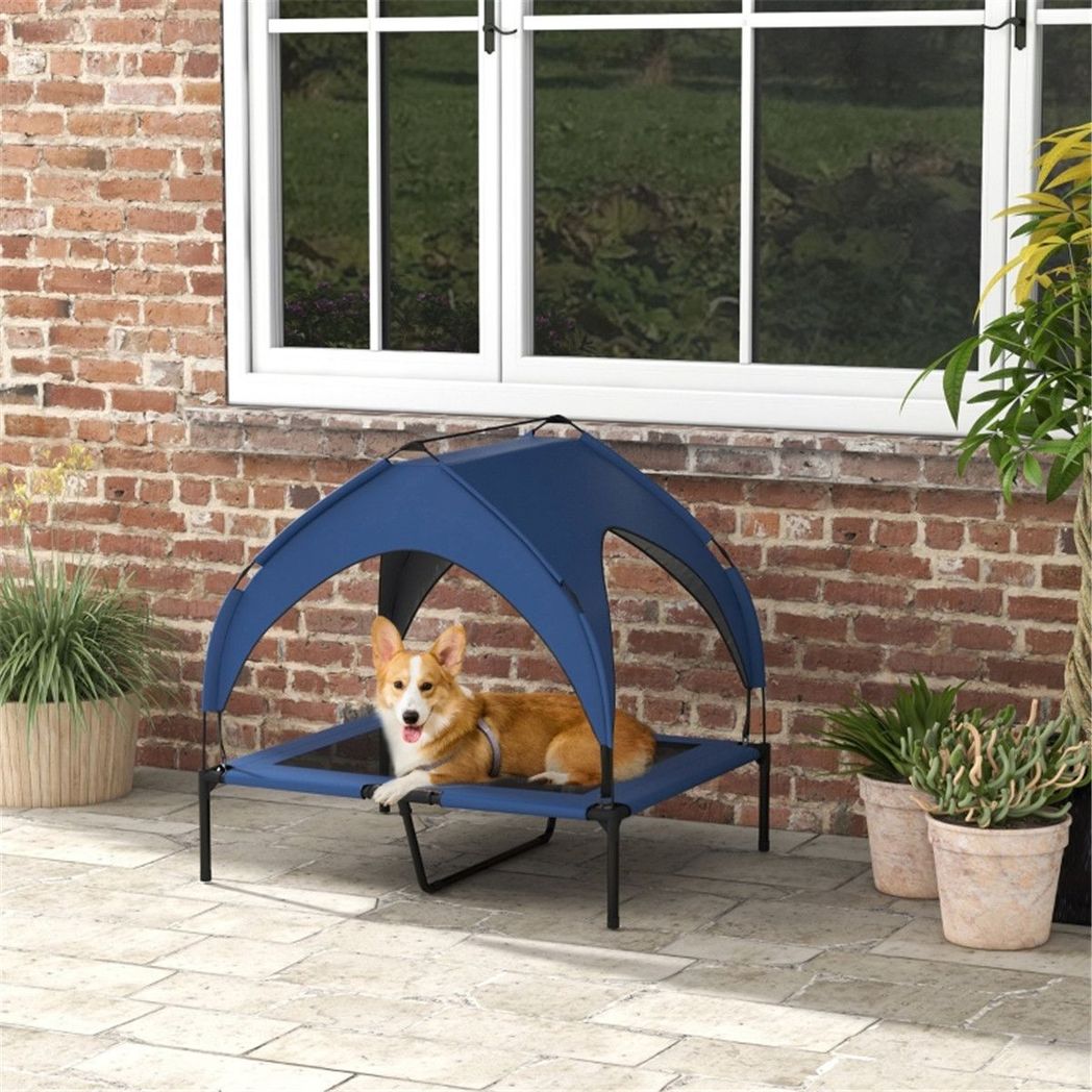 Elevated Pet Bed with Water-Resistant UV Canopy, Breathable Mesh & Travel Bag – Large Dogs, Dark Blue