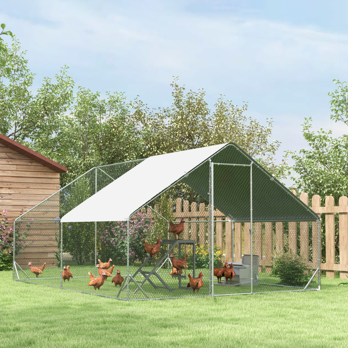 PawHut Walk-In Chicken Run with Galvanised Frame & Cover, 3 x 4 x 2m – Large Chicken Coop for 8–12 Chickens
