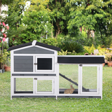 Wooden Rabbit Hutch and Run with Elevated House, Ramp, Asphalt Roof and Slide-Out Trays – 157 x 53 x 93cm