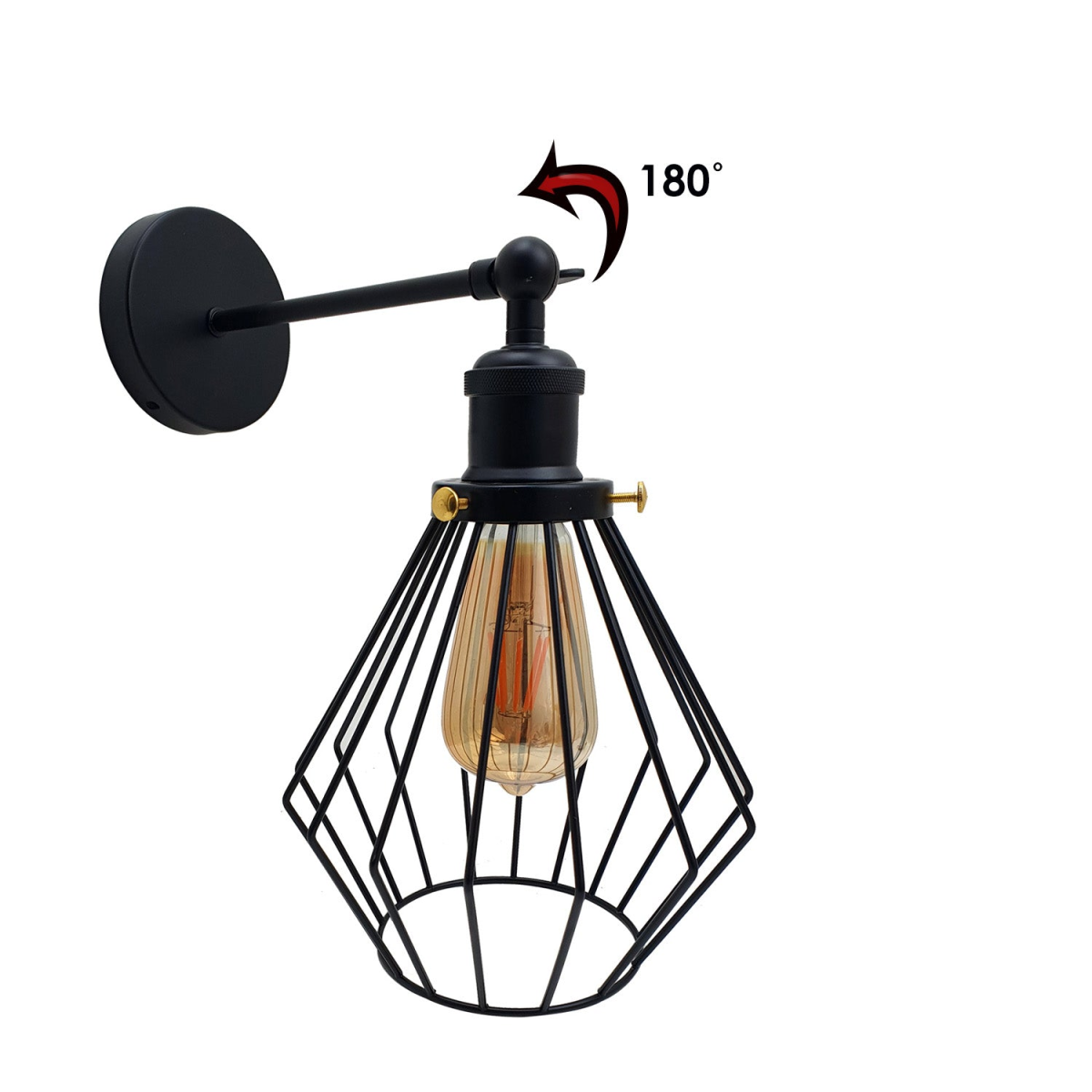 LEDSone Vintage Industrial Adjustable Cage Wall Lamp with E27 Holder – Retro Metal Wall Sconce, Black