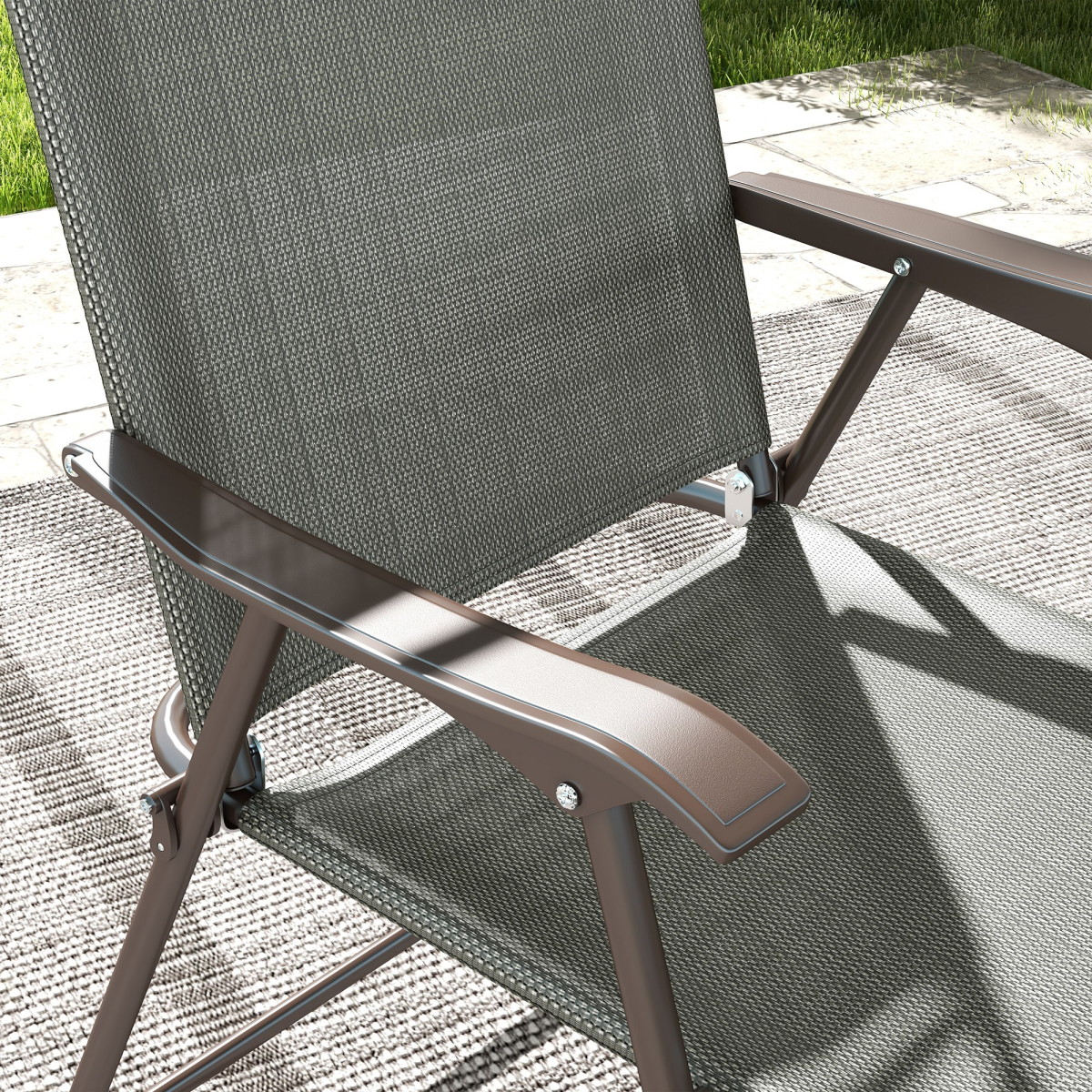 Outsunny Set of 2 Folding Garden Chairs with Armrests and Breathable Mesh Seats – Steel Frame, Dark Grey