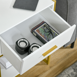 Modern Bedside Table with Drawer and Bottom Shelf – Gold-Tone Metal Frame Nightstand, White