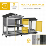 PawHut Wooden Rabbit Hutch, Guinea Pig Cage with Wheels, Slide-Out Tray & Ramp – Outdoor, Light Grey