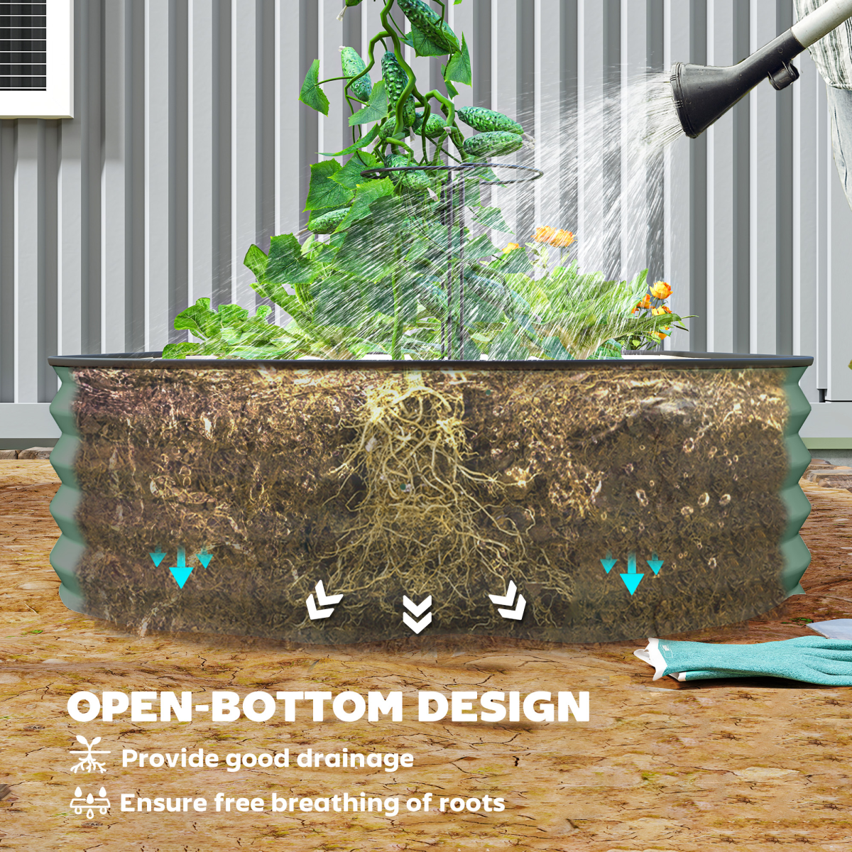 Outsunny Set of 2 Galvanised Steel Raised Garden Planters with Rubber Seal Tops & Open Bottom, Green