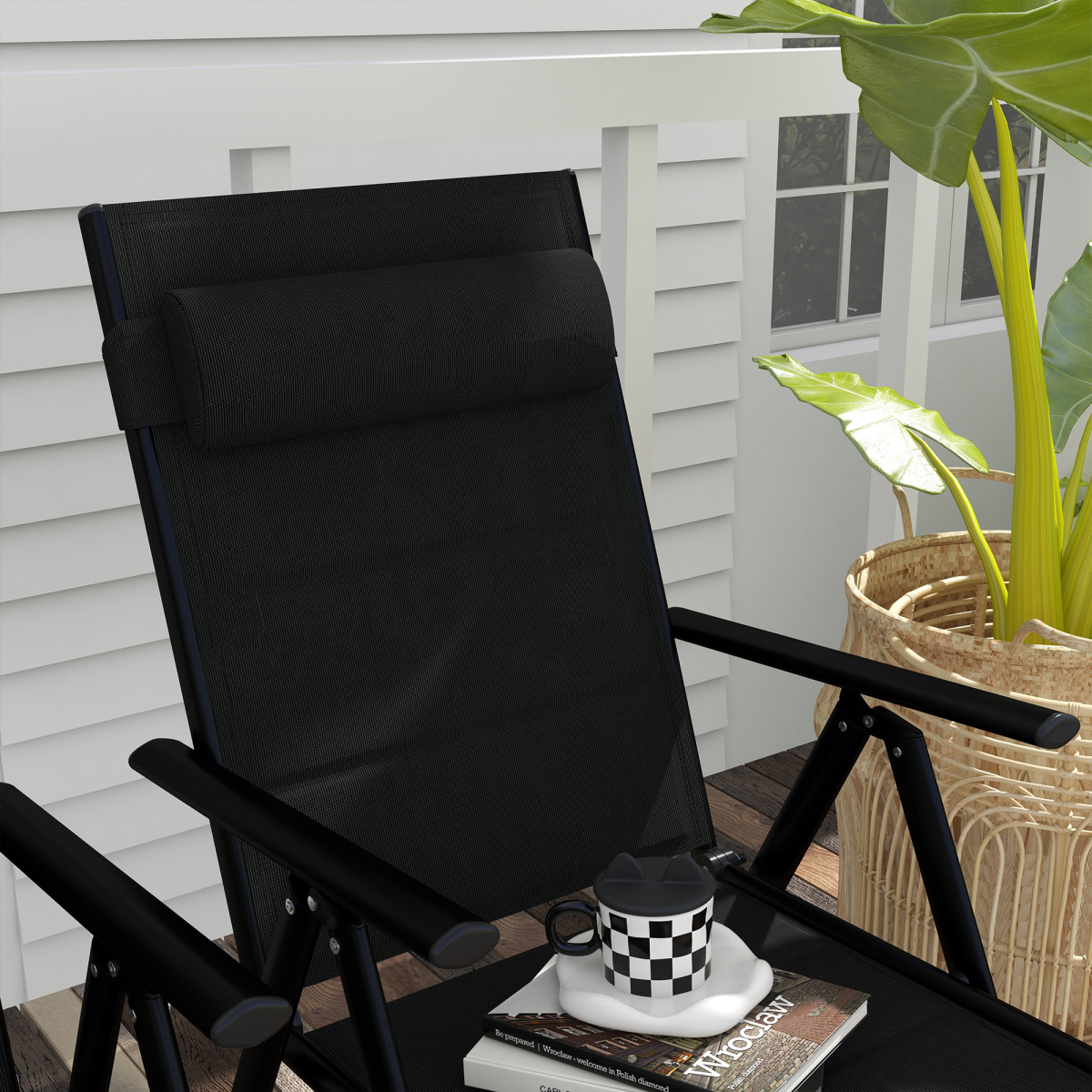 Outsunny Set of 2 Folding Outdoor Dining Chairs with Padded Headrest – Mesh, Aluminium Frame, Black
