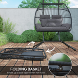 Outsunny Rattan Double Hanging Egg Chair with Stand and Cushion – Foldable Garden Swing Seat, Dark Grey