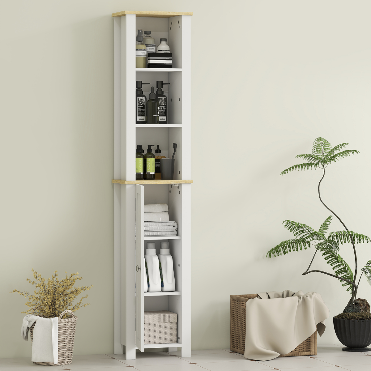 kleankin Slim Bathroom Storage Unit with Open Compartment and Adjustable Shelf – Narrow Cabinet, White