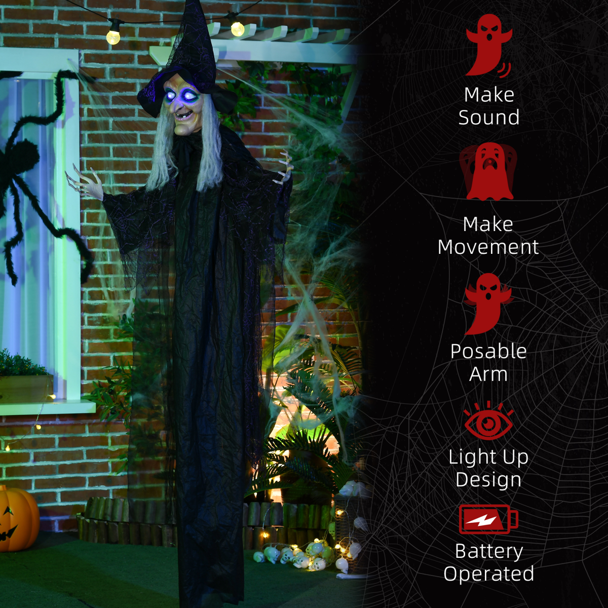HOMCOM Life Size Witch Prop with Light-Up Eyes and Talking Sounds – Halloween Decoration, Black