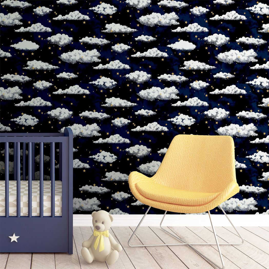 Arthouse Stars and Clouds Wallpaper with Gold Metallic Stars – Children's Nursery Design, Navy