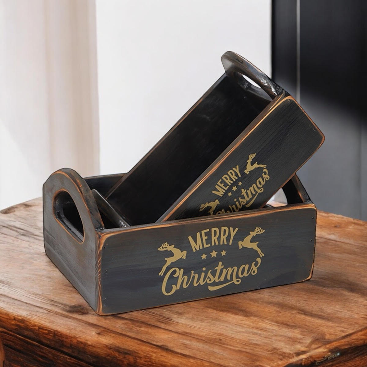 AcaciaHome Vintage 'Merry Xmas' Wooden Storage Crates, Set of 2 – Stackable with Handles, Black