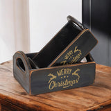 AcaciaHome Vintage 'Merry Xmas' Wooden Storage Crates, Set of 2 – Stackable with Handles, Black