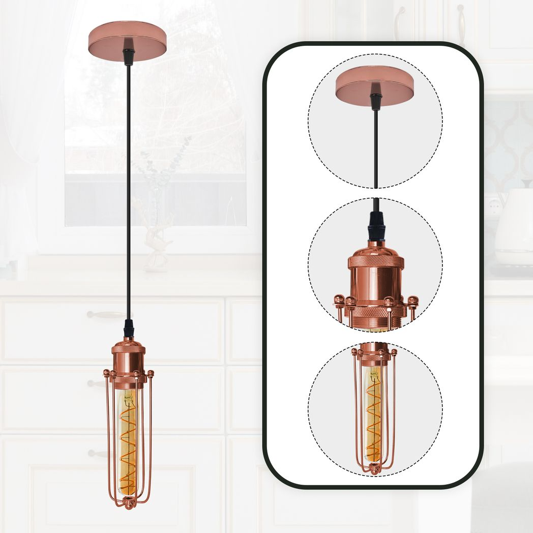 LEDSONE Rose Gold Wire Cage Pendant Light with 95cm Adjustable Cord – Industrial Vintage E27 Lamp