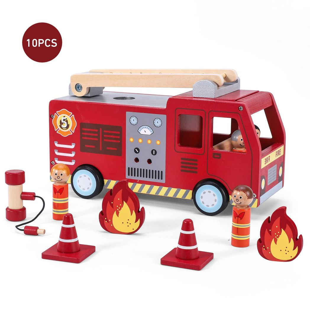 SOKA Wooden Fire Engine Playset with Extending Ladder, 4 Firefighter Figures & Hose – Kids Role Play Toy