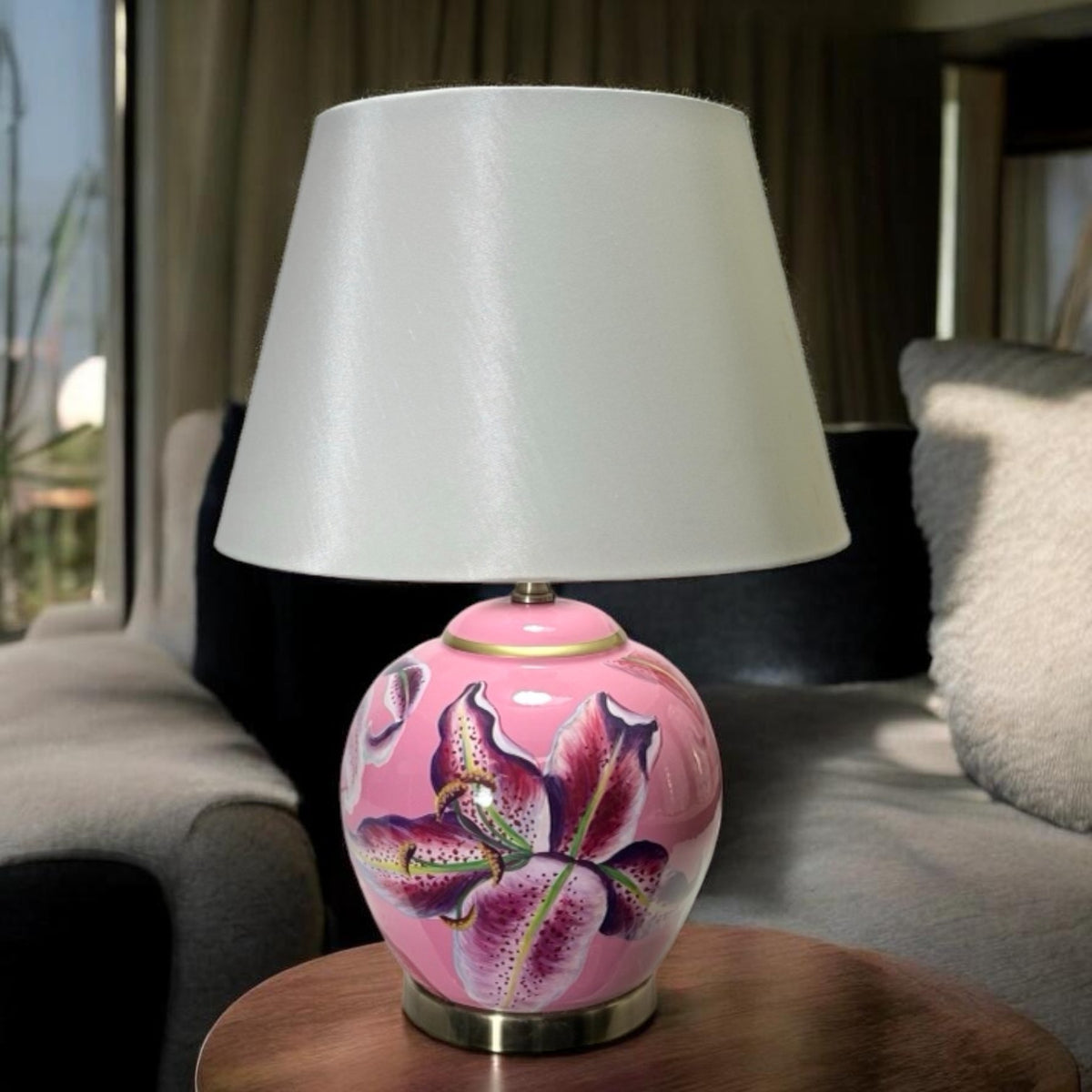 AcaciaHome 40cm Floral Ceramic Table Lamp with Drum Shade – Bedroom & Living Room Lighting