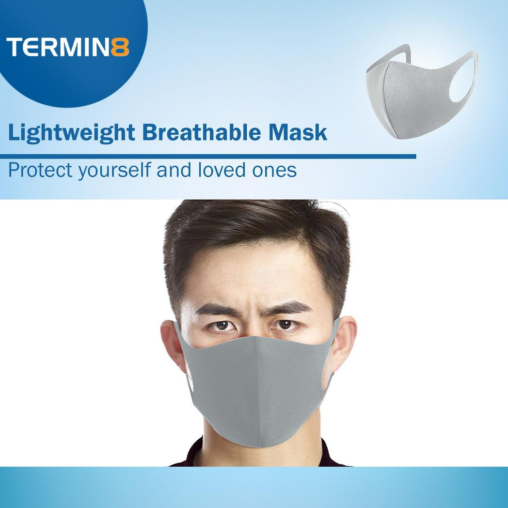 Termin8 Reusable Face Mask for Adults and Teens – Lightweight, Breathable Double-Layer, Grey