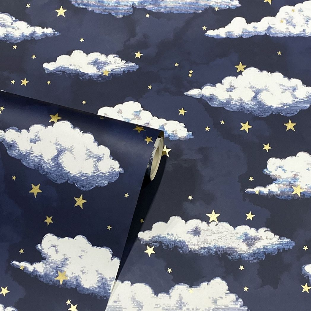 Arthouse Stars and Clouds Wallpaper with Gold Metallic Stars – Children's Nursery Design, Navy