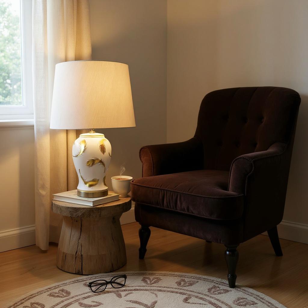 AcaciaHome Cream Ceramic Table Lamp with Drum Shade – Durable Striped Design, Handmade Shade