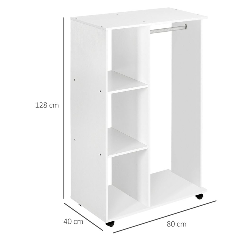 Rolling Open Wardrobe with Aluminium Hanging Rail & 3 Shelves – Mobile Bedroom Clothes Storage, White