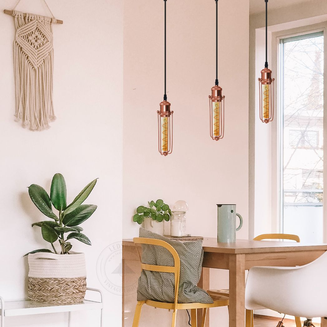 LEDSONE 3 Head Rectangle Rose Gold Wire Cage Pendant Light, E27 – Industrial Hanging Lamp for Kitchen Island