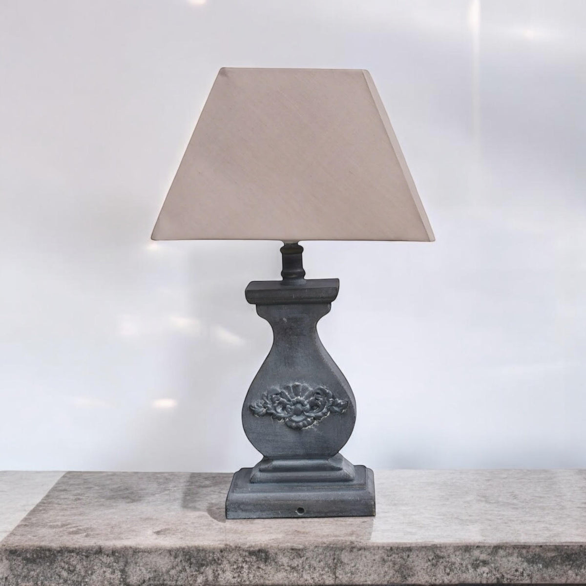 Tall Washed Wood Table Lamp with Taupe Linen Shade – Shabby Chic & Farmhouse Lighting