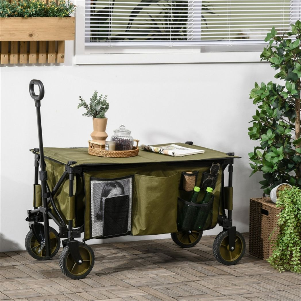 Folding Garden Cart with 4 Braked Wheels, Adjustable Handle & Top Cover – 125L Trolley for Camping & Gardening, Green