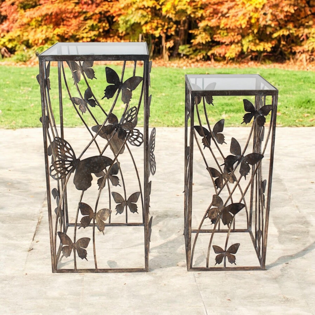 AcaciaHome Art Deco Gold Butterfly Nest of Tables – Square Metal Side Tables with Glass Tops, Gold Finish