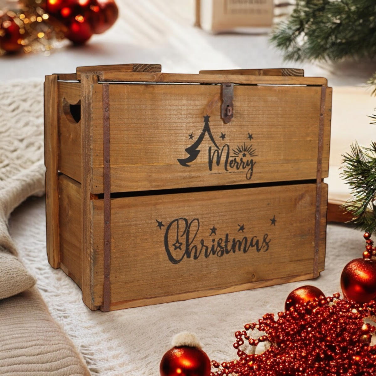 AcaciaHome Rustic Merry Xmas Wooden Storage Crate with Carry Handles – Christmas Eve Box, Vintage Brown