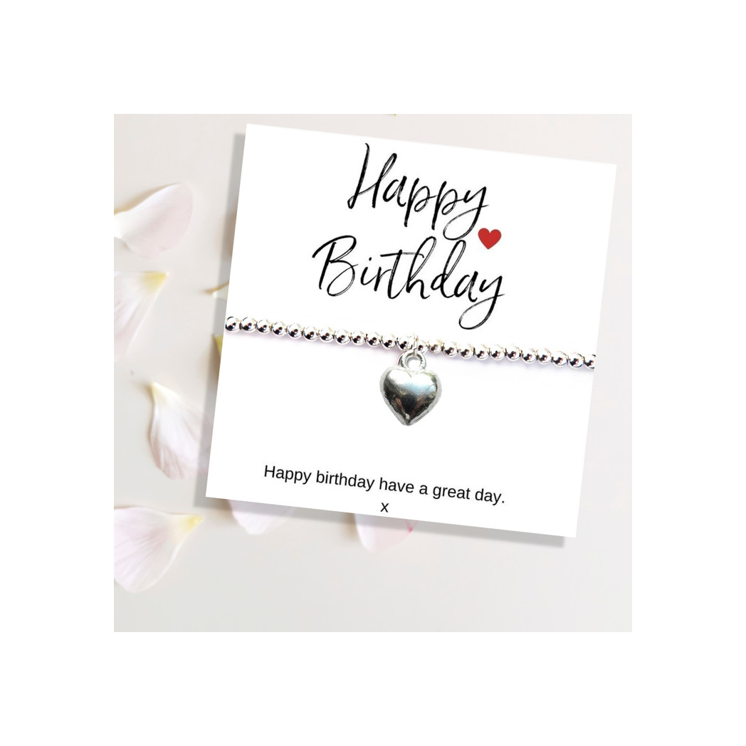 Aye Do Gifts Happy Birthday Silver Plated Beaded Heart Bracelet on Message Card – Stretch Gift, Gift Box