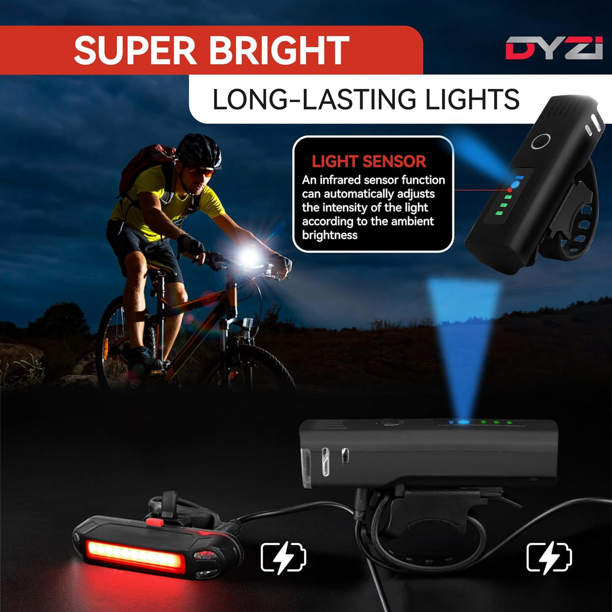 Dyzi USB Rechargeable Bike Light Set – Ultra Bright Front & Rear LED Lights, 4 Light Modes, Daylight Sensor