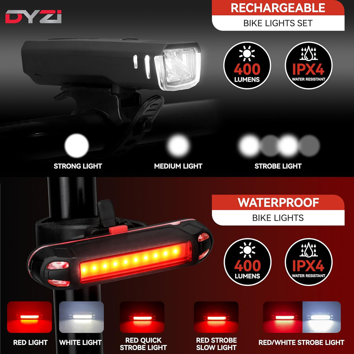 Dyzi USB Rechargeable Bike Light Set – Ultra Bright Front & Rear LED Lights, 4 Light Modes, Daylight Sensor