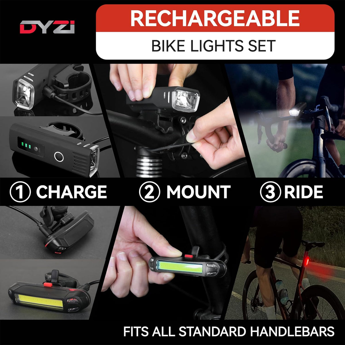 Dyzi USB Rechargeable Bike Light Set – Ultra Bright Front & Rear LED Lights, 4 Light Modes, Daylight Sensor