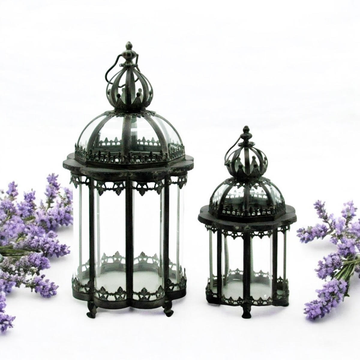 Grey Metal Tealight Lantern Holders with Glass Panels, Set of 2 – Indoor & Outdoor Art Deco Lanterns